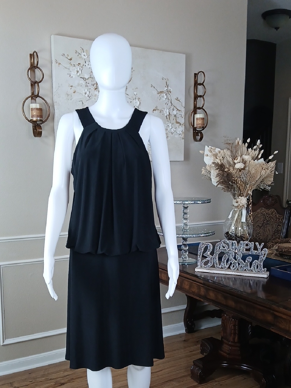 White House Black Market Solid Black Summer Waist Drop Blouson Dress Size 14